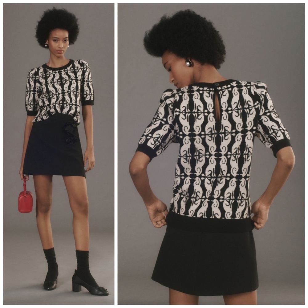 MAEVE x ANTHROPOLOGIE Harmon Jacquard Sweater Tee in Black White Poodle - Picture 2 of 9
